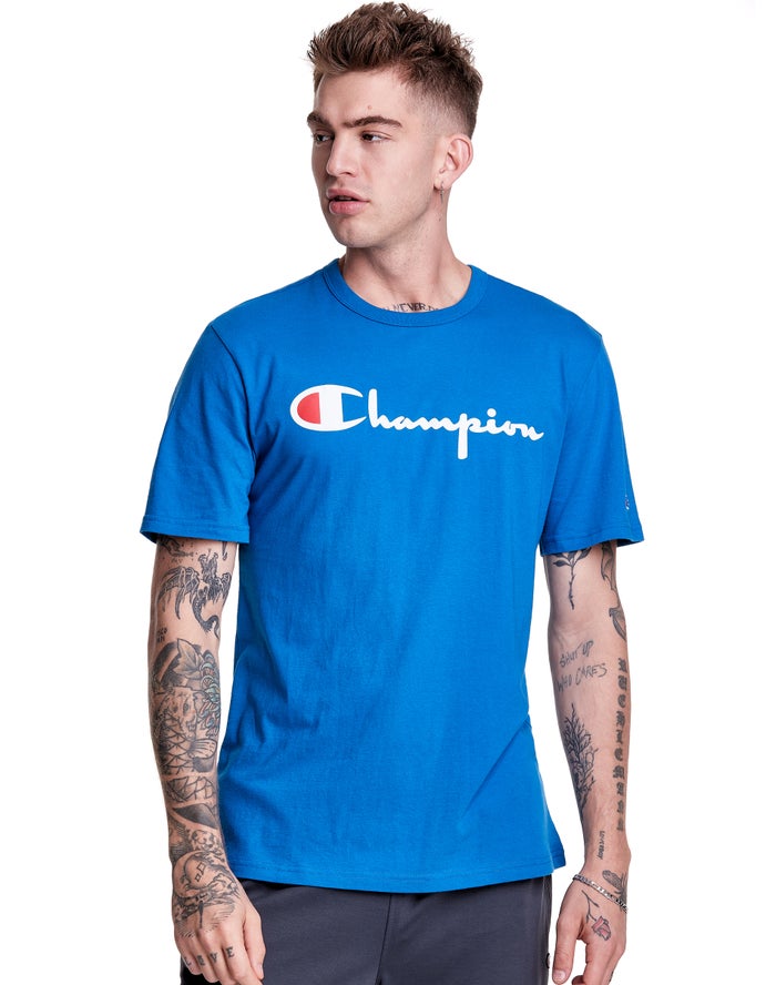 Champion Mens T-Shirt NZ - Lightweight Script Logo Blue ( 9182-KFMWC )